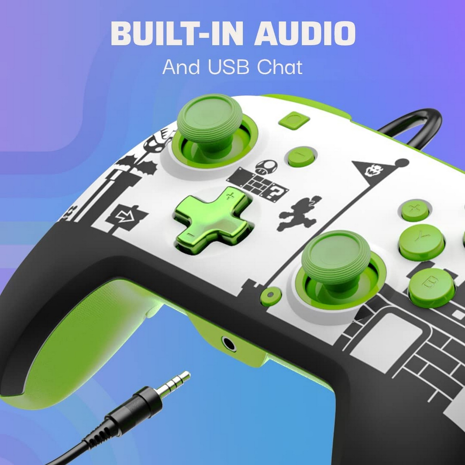 Un controlador de juegos con detalles en verde y un conector para auriculares conectado.