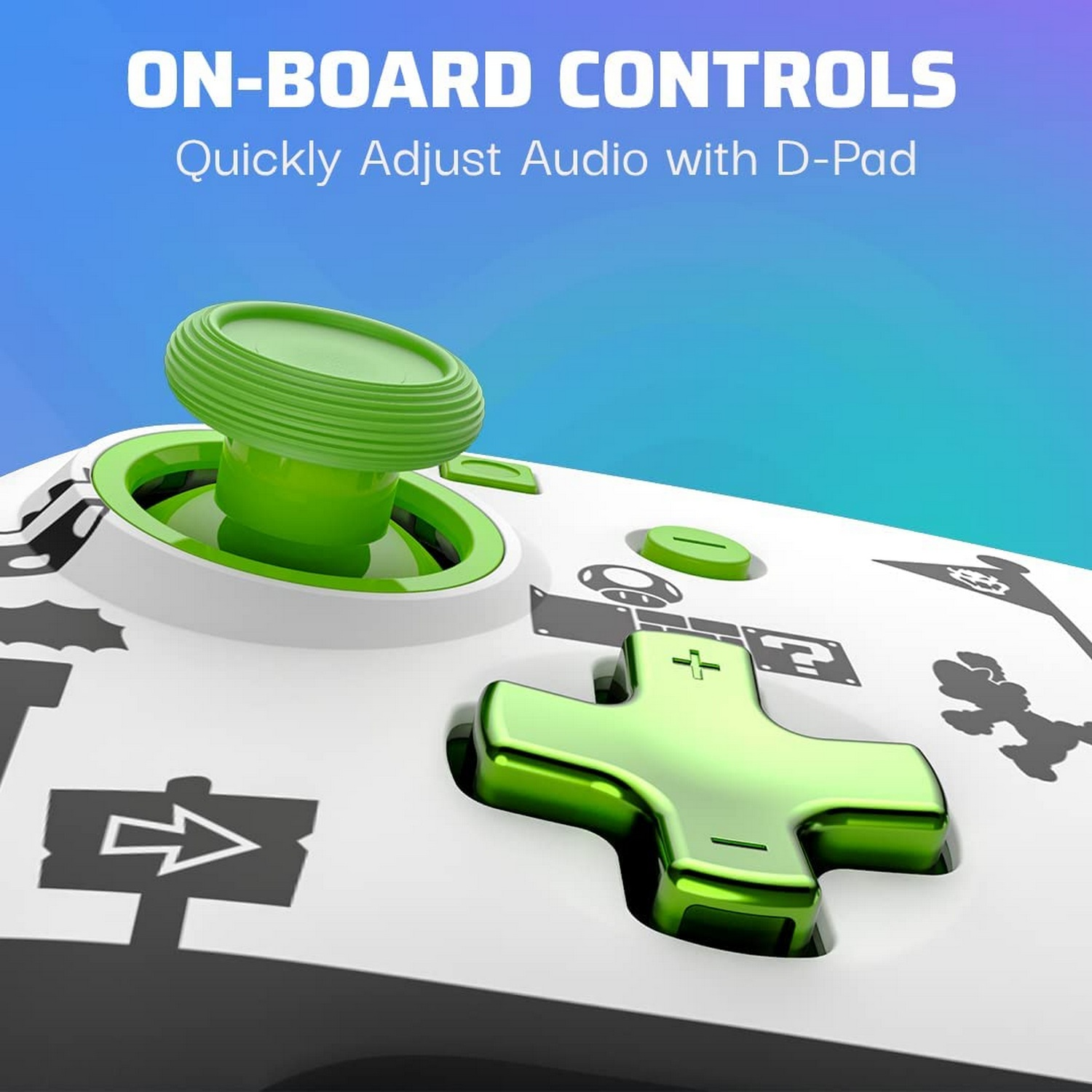 Controlador con joystick y botones verdes. Fondo blanco con ilustraciones de dibujos animados.