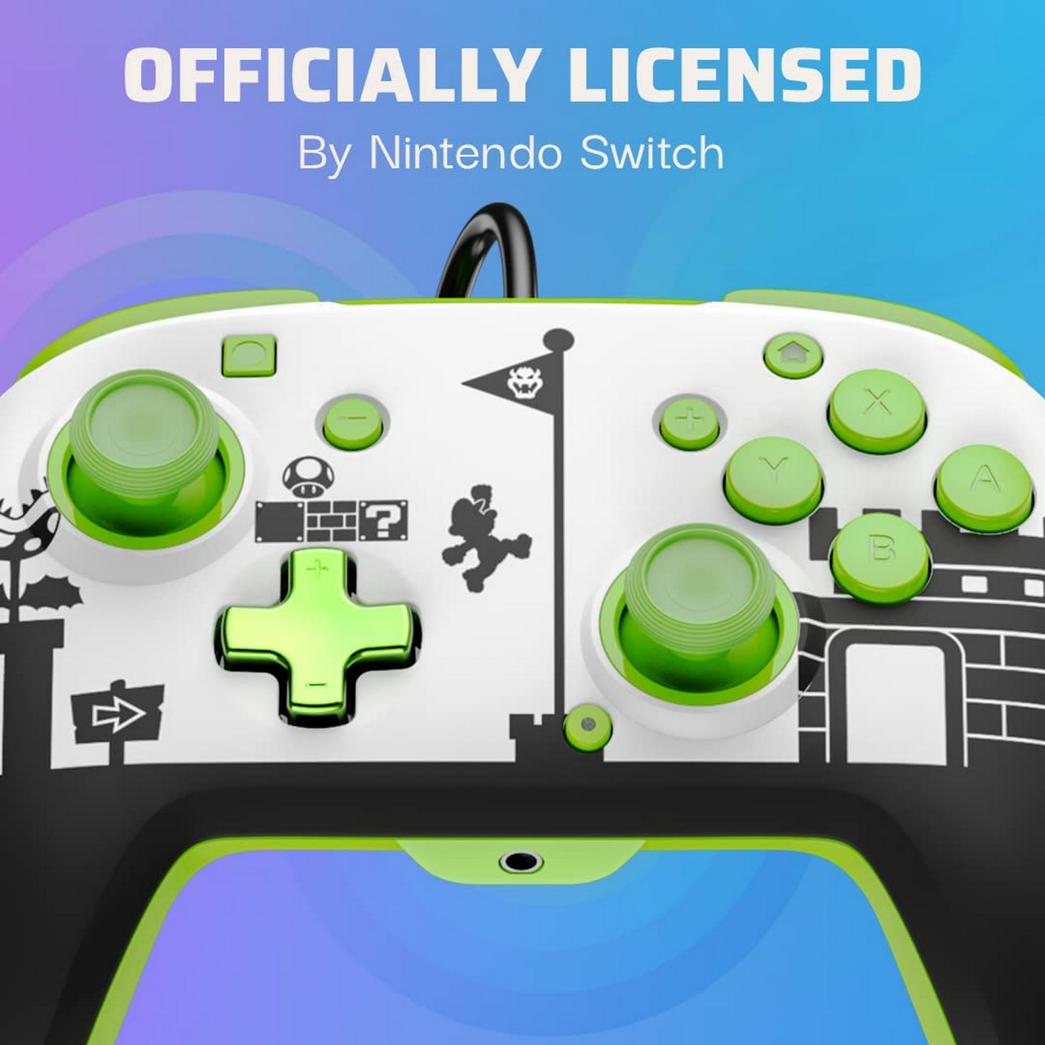 Un mando de Nintendo Switch con diseño de Mario, botones verdes.