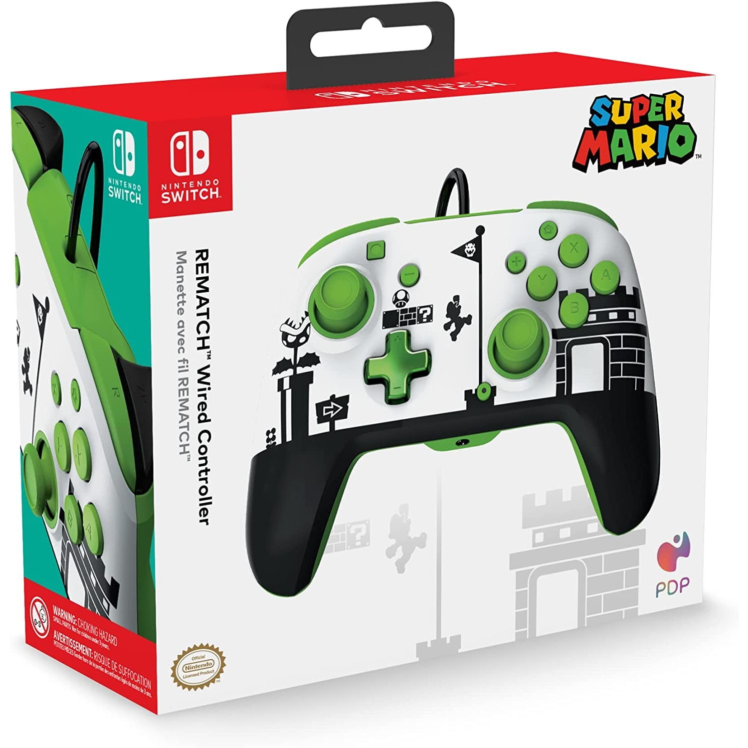 Mando de Nintendo Switch en una caja. Diseño verde y blanco con gráficos de Super Mario y un mango negro.
