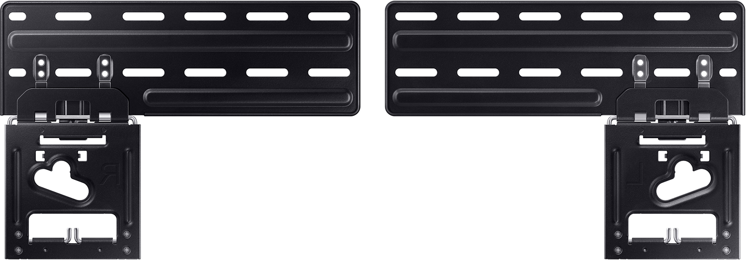 Two black metal TV brackets, each with two mounting parts and a central section with cutouts.