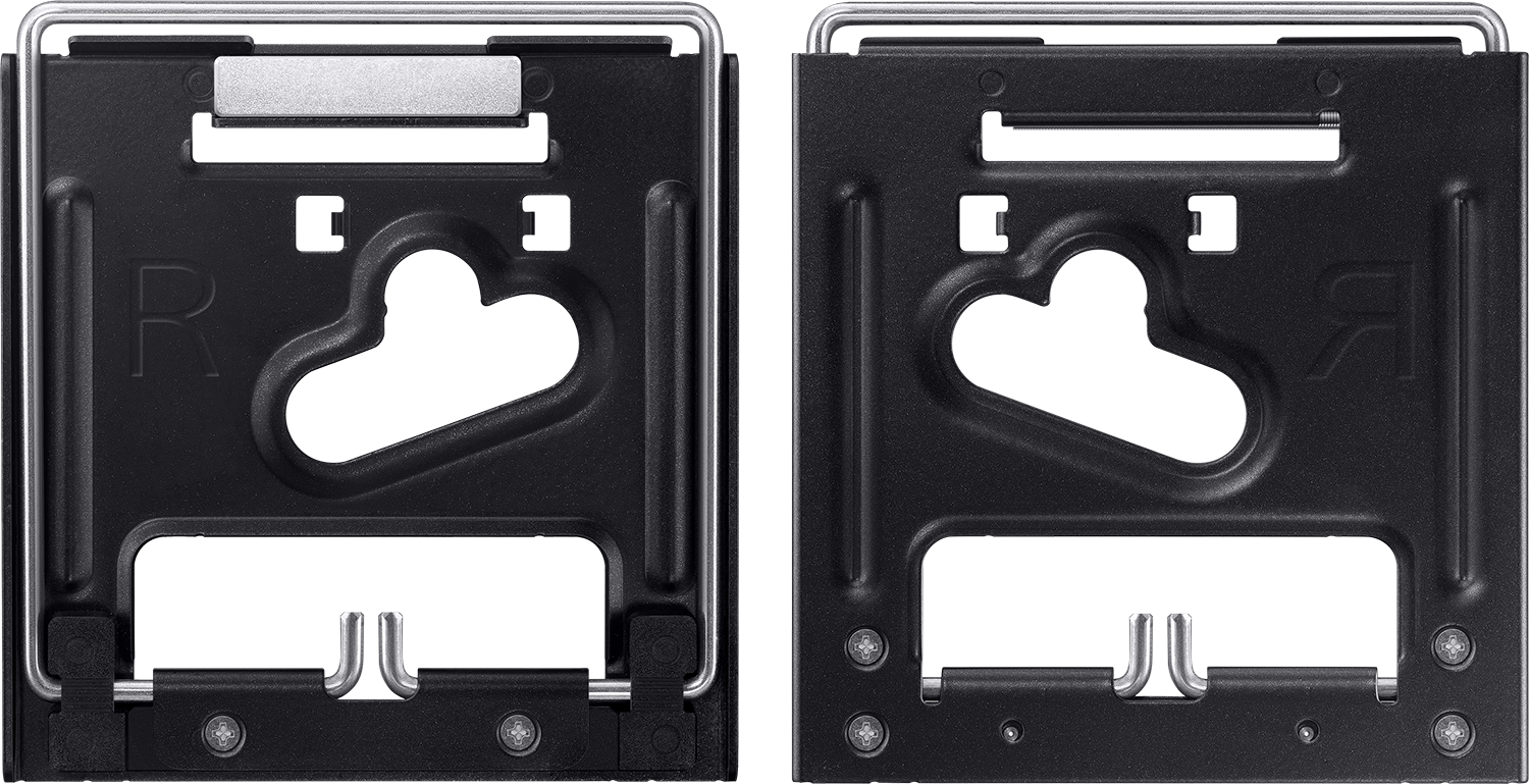 Two black metal brackets with an 'R' and inverted 'Я' marking, with mounting hardware and cutouts.