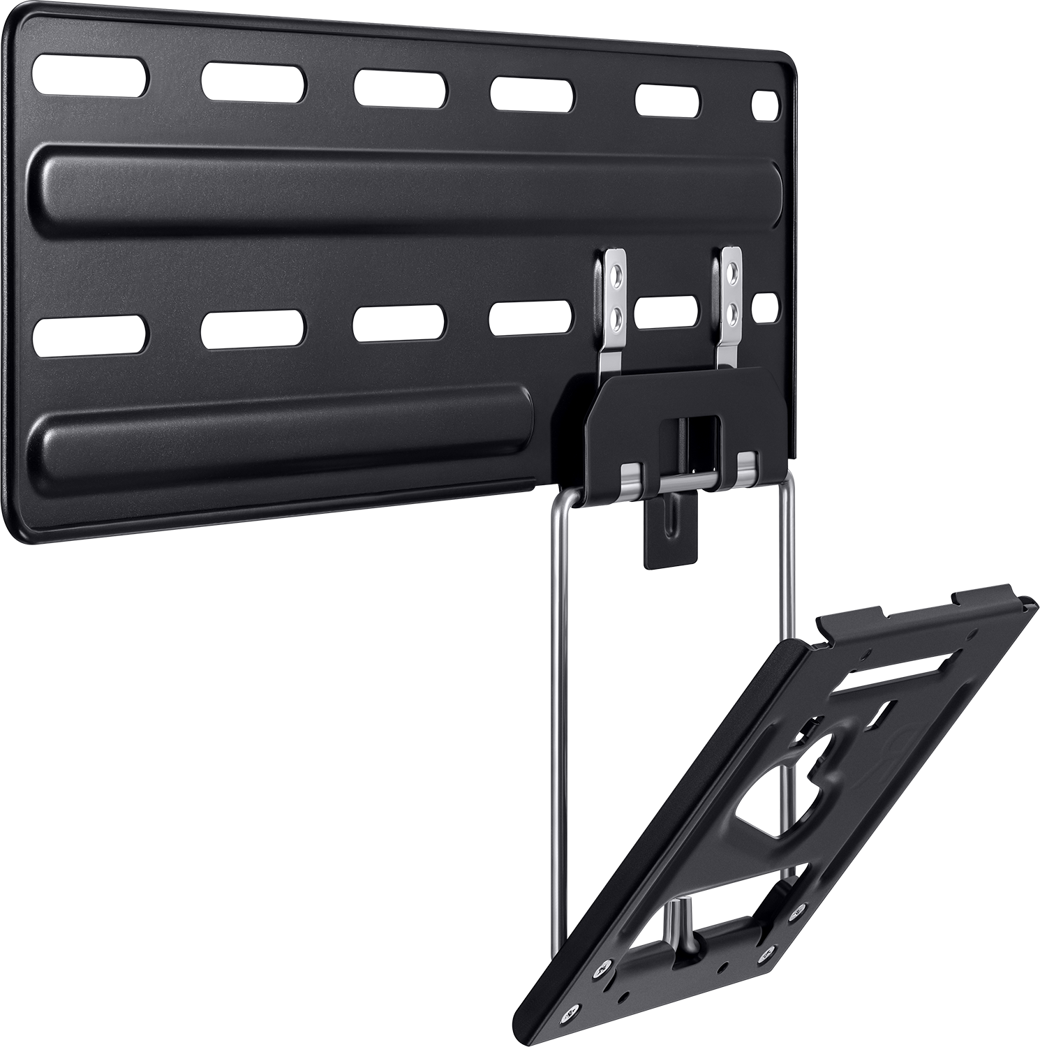 Black metal TV bracket with mounting hardware, and a secondary plate, angled away from the bracket.