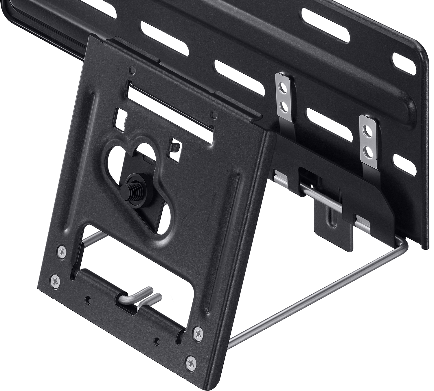 Black metal TV bracket with mounting hardware, and an angled support plate with a central adjustment.