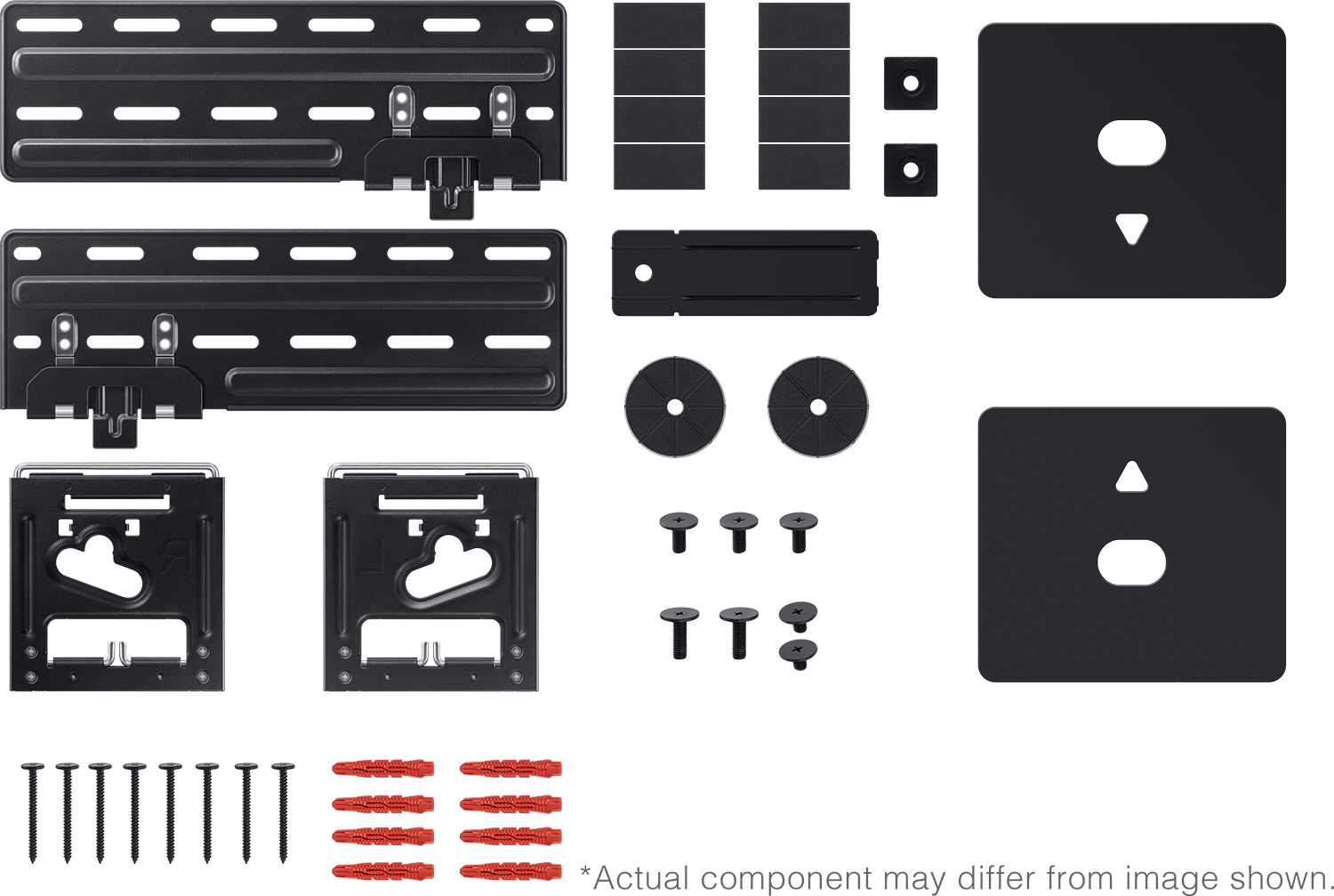 Assorted black TV bracket components, including brackets, plates, screws, and wall anchors.