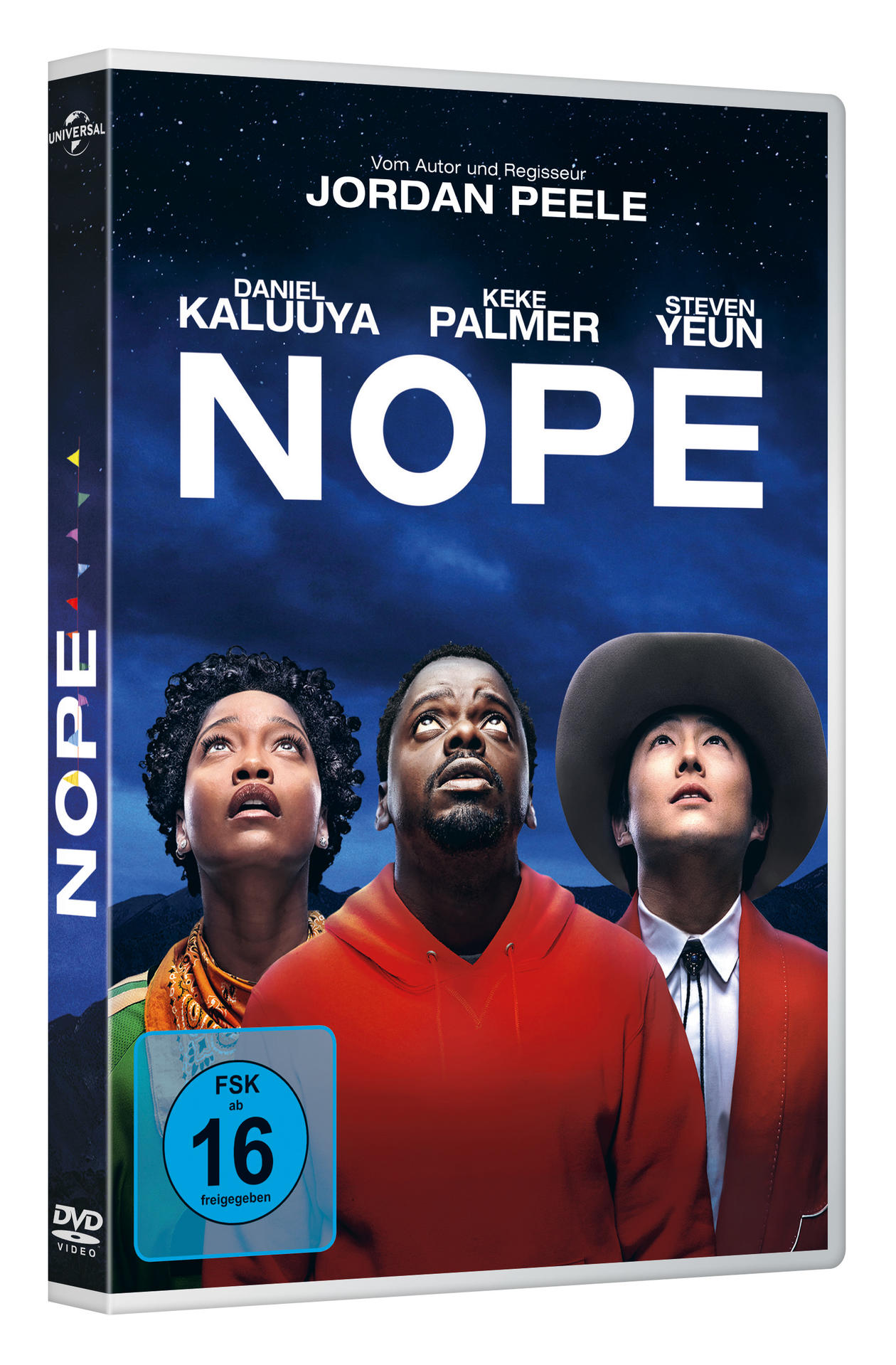DVD-Cover: Drei Leute schauen in den Himmel. Titel: NOPE. Freigegeben ab 16 Jahren.