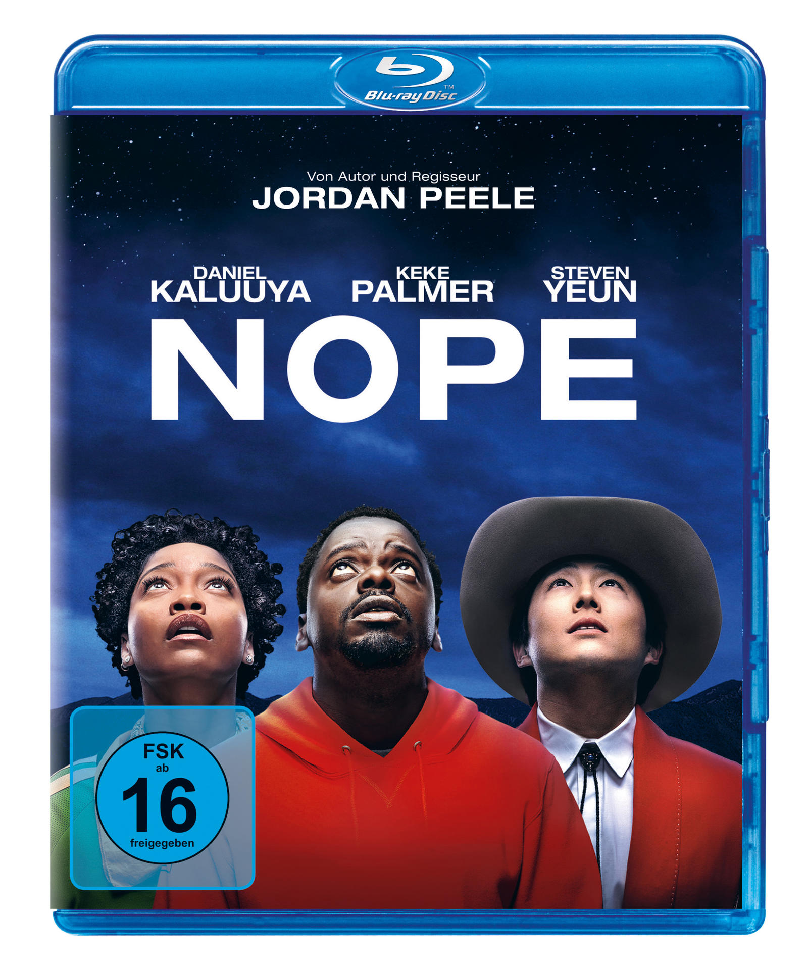 Blu-ray-Cover des Films Nope. Zeigt drei Personen, die in den Nachthimmel blicken.