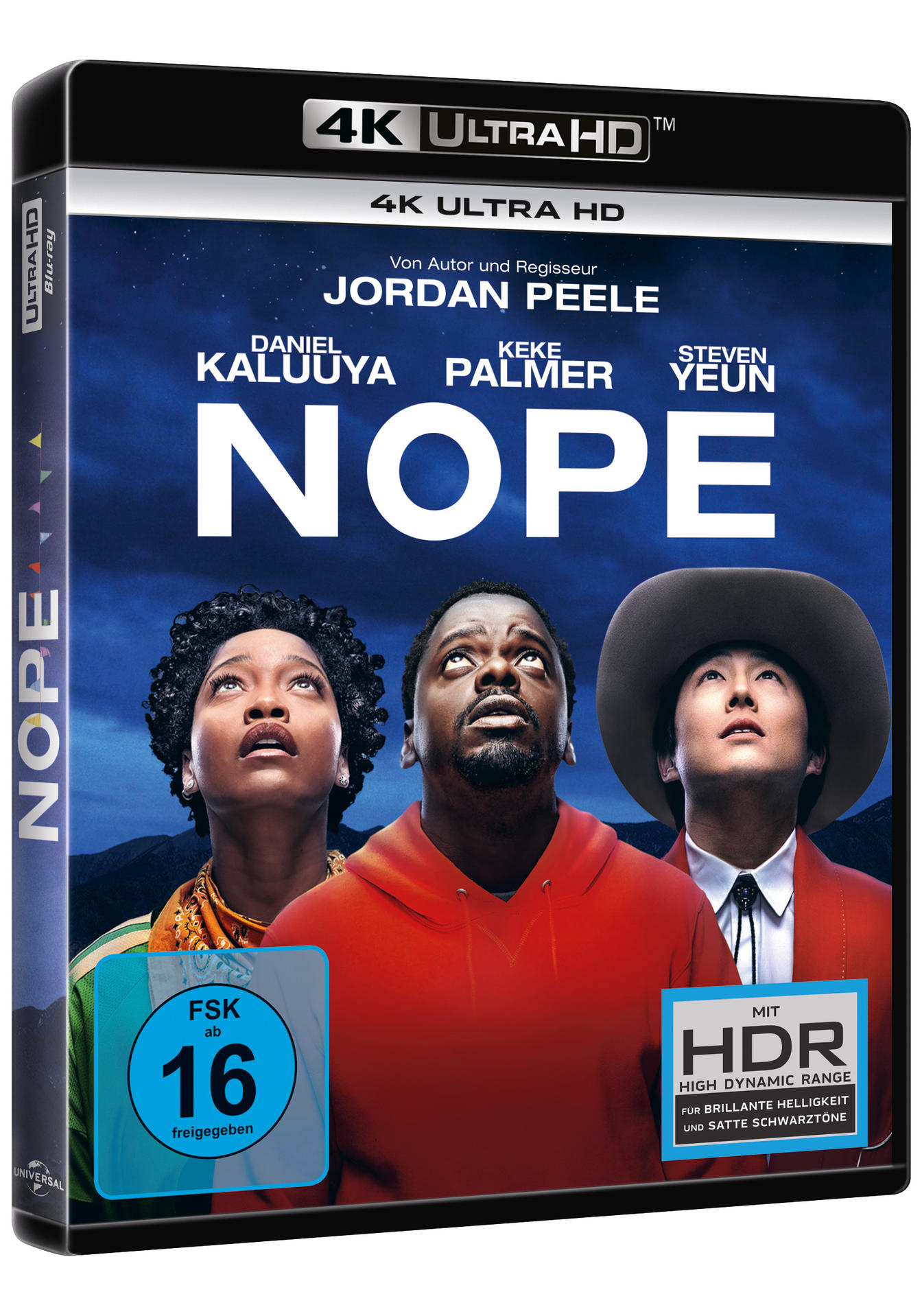 Blu-ray-Cover des Films "Nope". Drei Personen blicken nach oben, Filmtitel in Orange.