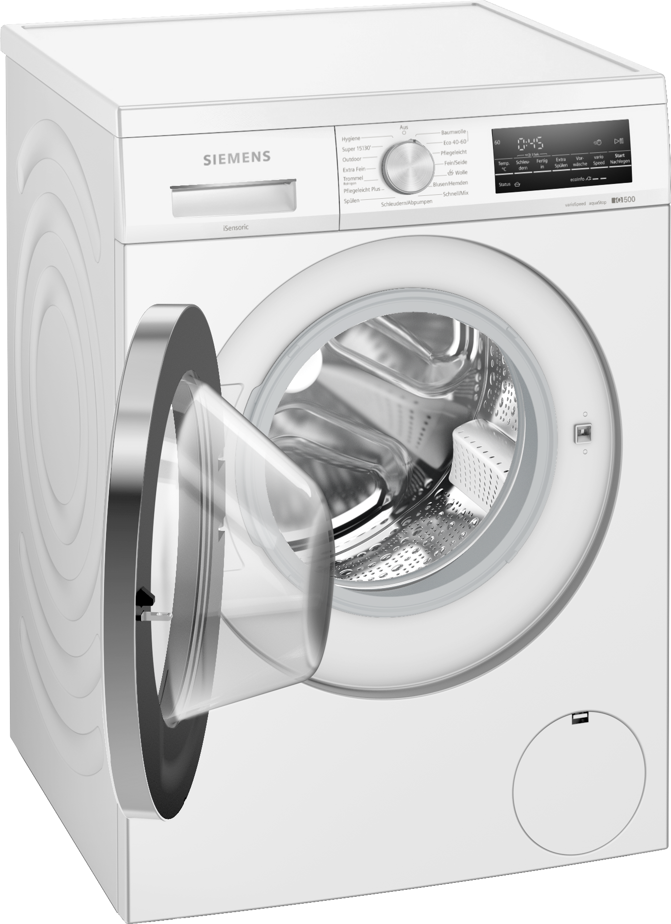 Eine weiße Siemens Waschmaschine mit offener Tür. Das Bedienfeld befindet sich oben rechts.