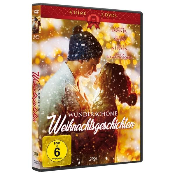 DVD-Hülle von "Wunderschöne Weihnachtsgeschichten". Ein Paar in Winterkleidung schaut sich an. Schneeflocken und Bokeh-Lichter im Hintergrund.