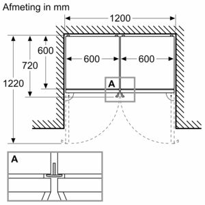 Diagram van een douchecabine met afmetingen: 1220 mm hoog, 1200 mm breed en 720 mm diep.