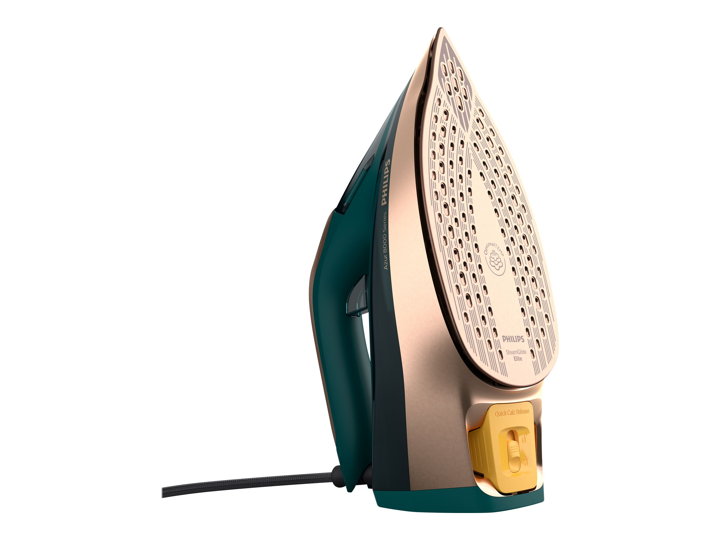 Ein grün-goldenes Bügeleisen mit langem Kabel, auf weißem Hintergrund schräg nach oben, Marke Philips.
