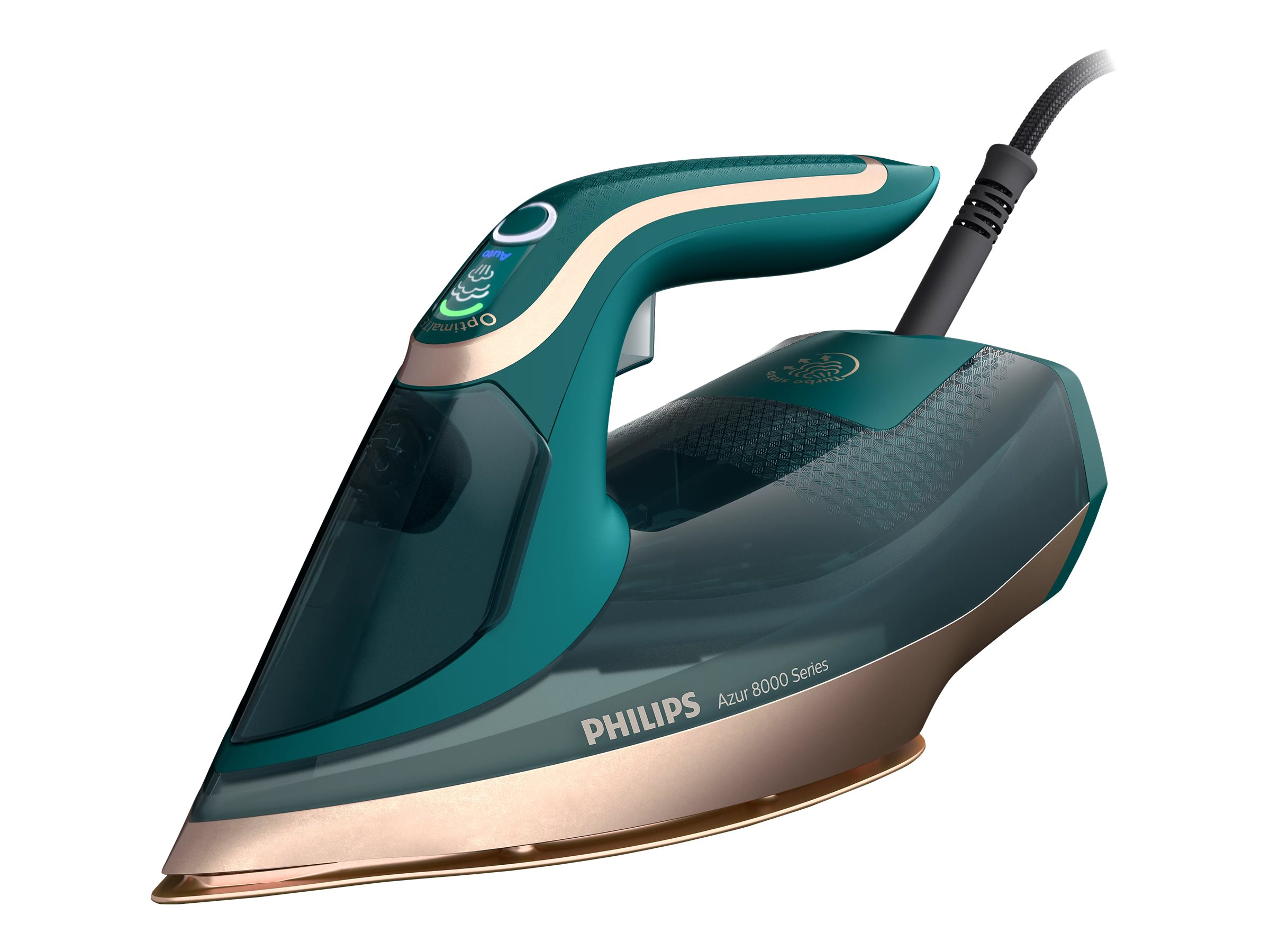 Türkis-goldenes Bügeleisen mit schwarzem Kabel, weißer Hintergrund. Philips Azur 8000 Series.