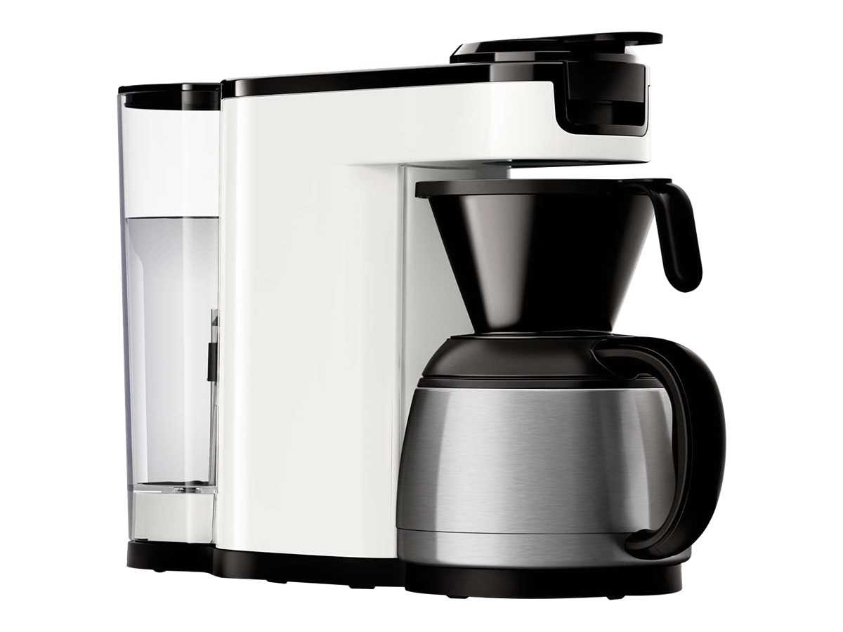 Weiß-silberne Kaffeemaschine mit schwarzer Karaffe und Wassertank.