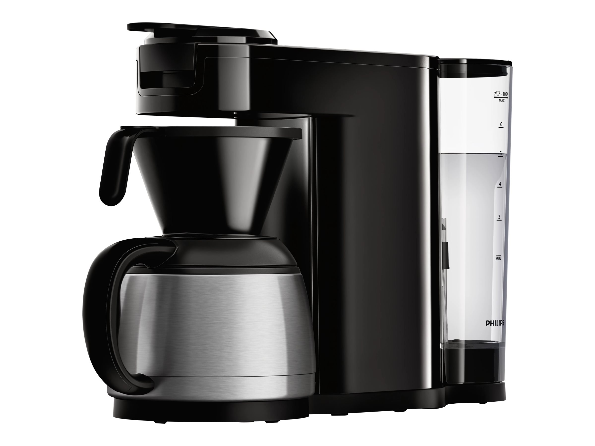 Eine schwarze Kaffeemaschine mit einer Edelstahlkaraffe. Der Wasserbehälter ist sichtbar.