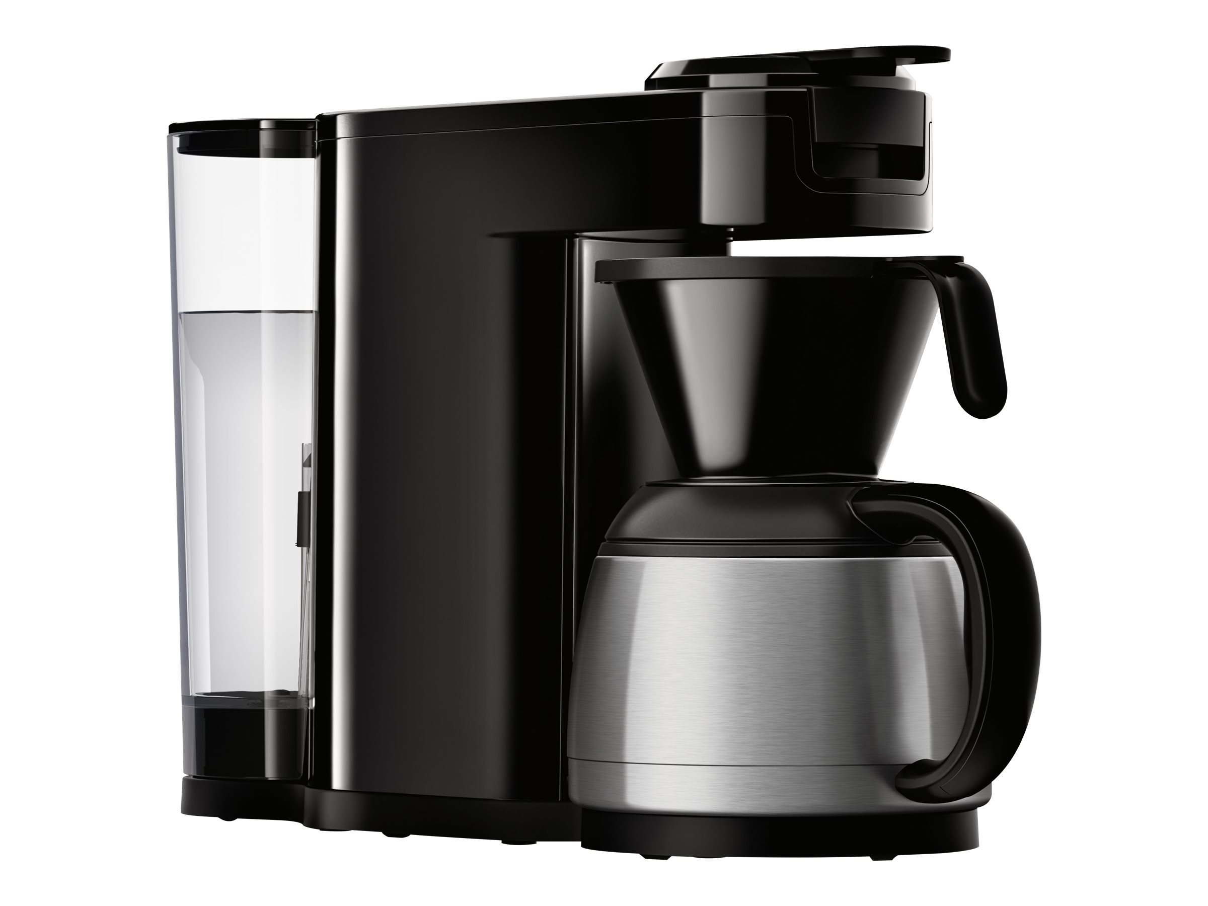 Schwarze Kaffeemaschine mit Wasserbehälter und Edelstahlkanne.