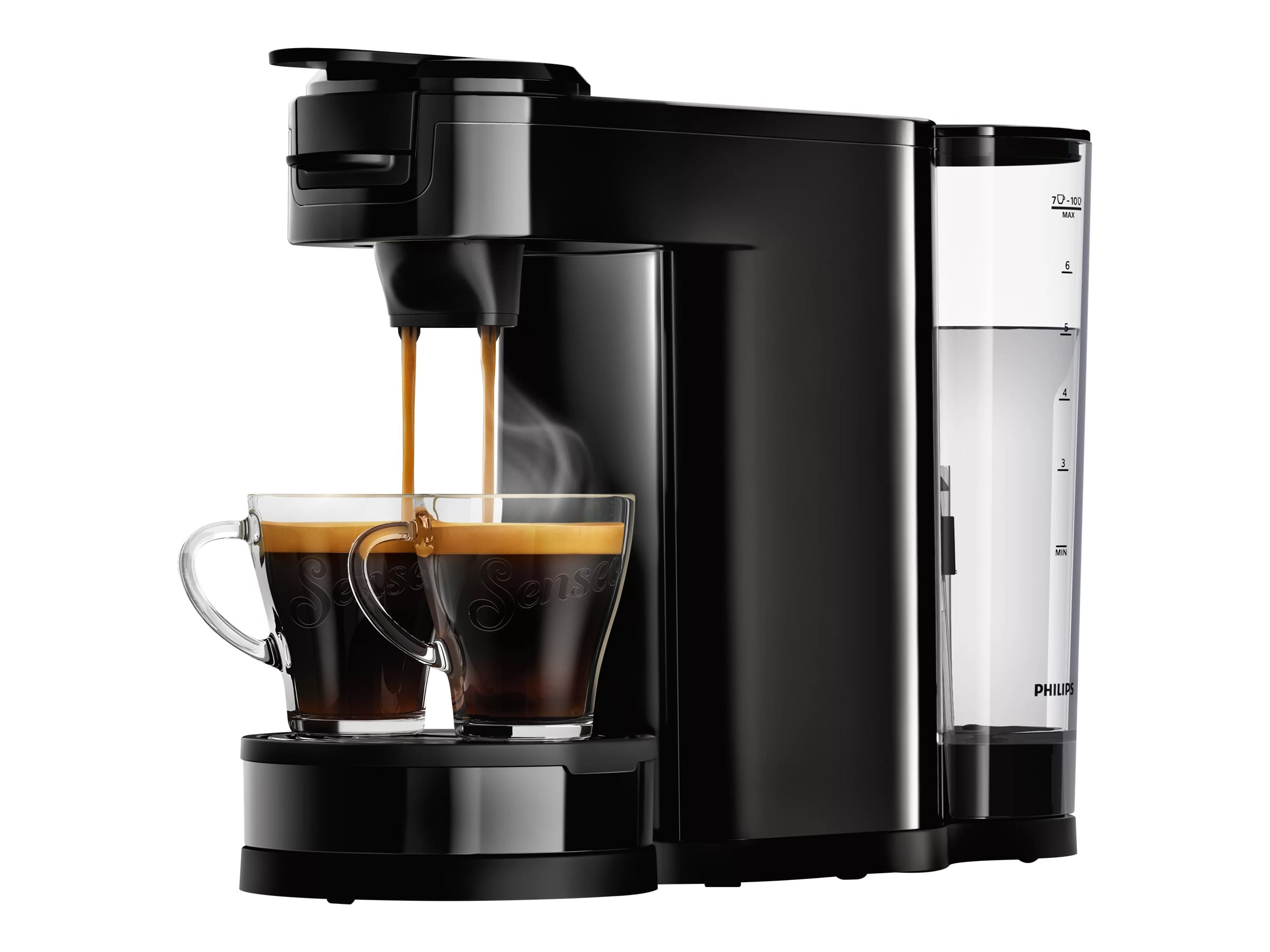 Eine schwarze Kaffeemaschine gibt Kaffee in zwei Glasbecher aus.