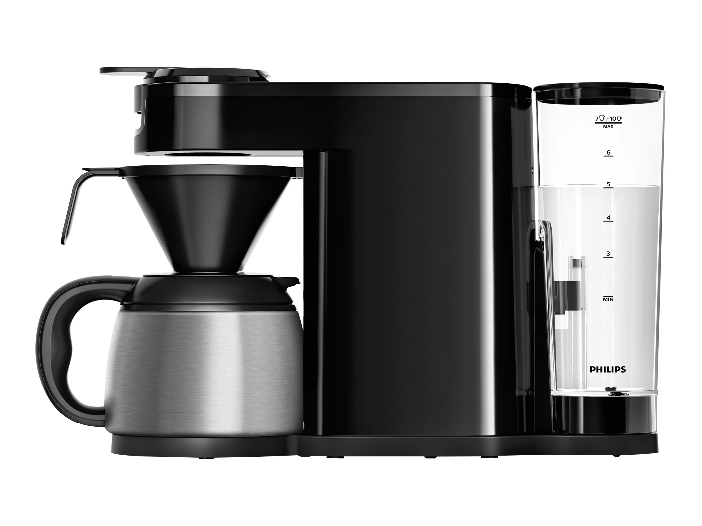Schwarzer Kaffeeautomat mit silberner Thermokanne. Ein transparenter Wassertank befindet sich auf der rechten Seite.