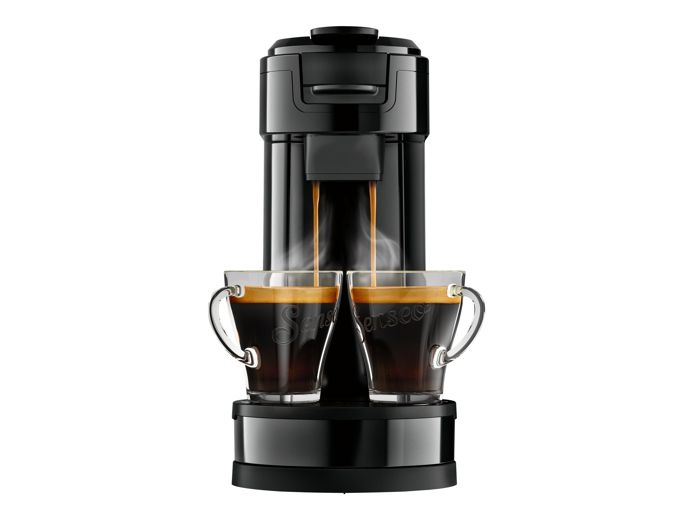 Schwarze Kaffeemaschine mit zwei Gläsern gefüllt mit Kaffee, Dampf steigt auf.