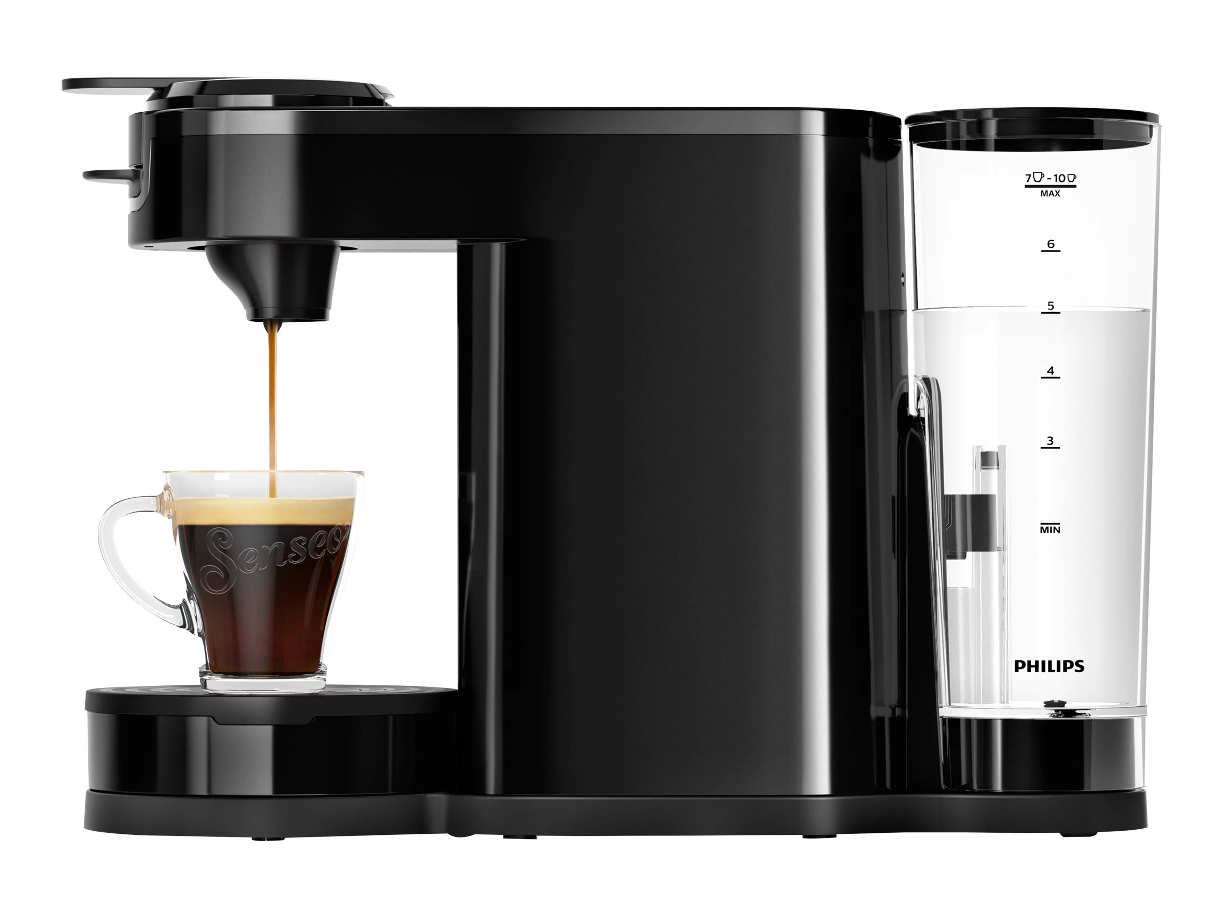 Schwarz-silberne Kaffeemaschine, die Kaffee in eine Glastasse ausgibt.