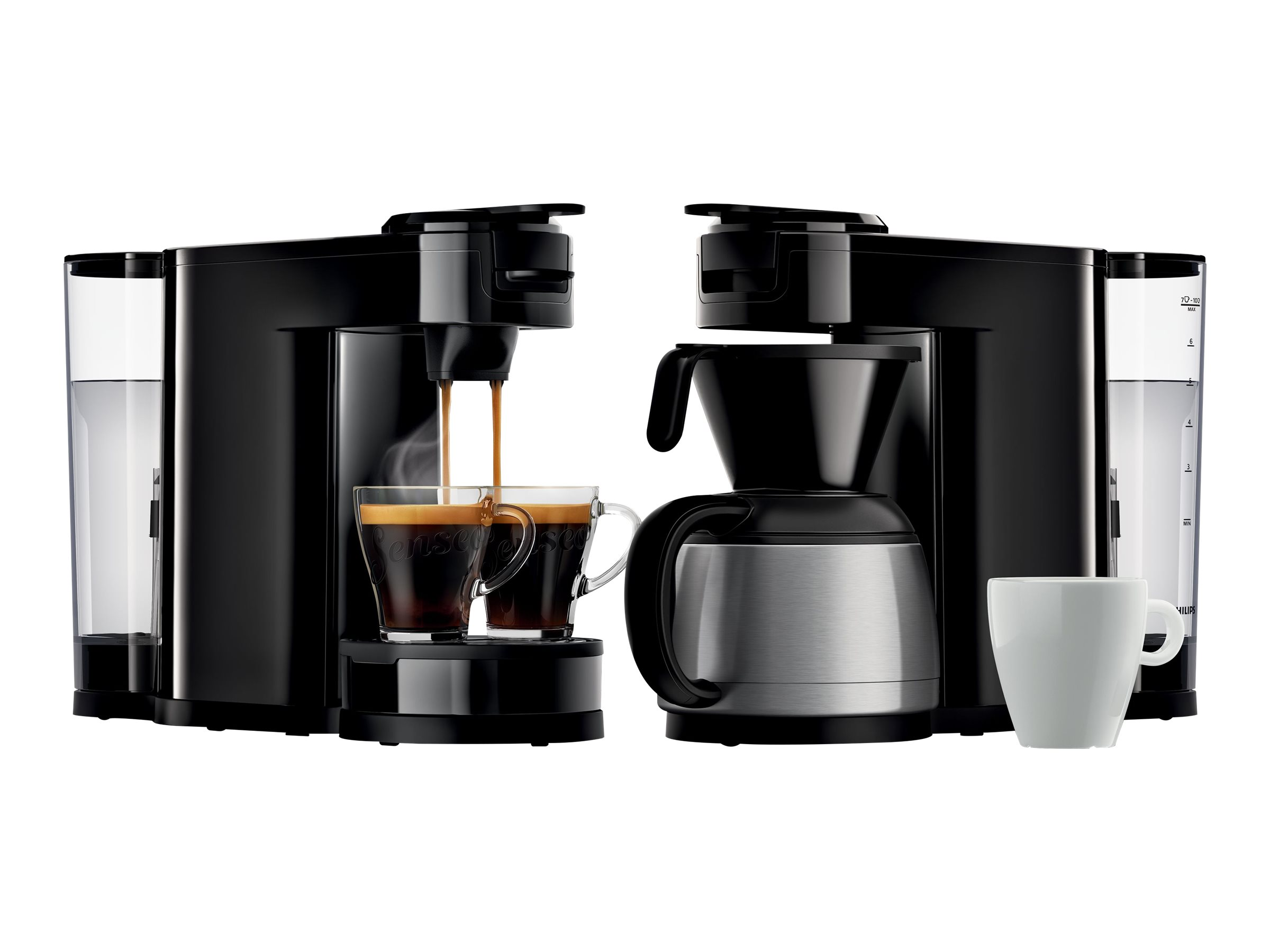 Zwei schwarze Kaffeemaschinen. Eine brüht Kaffee in ein Glas, die andere in eine Karaffe.