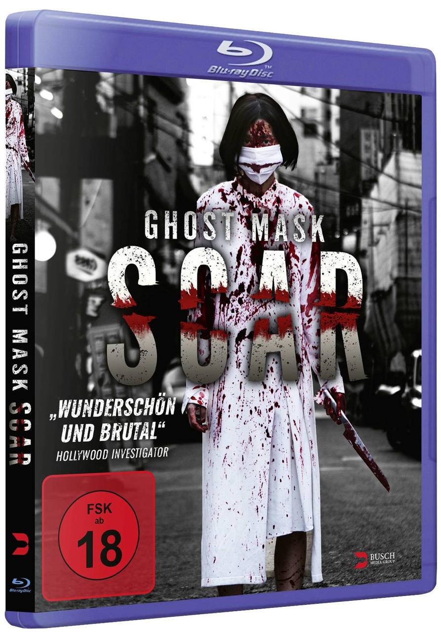 Blu-ray-Hülle für den Film Ghost Mask Scar. Auf dem Cover ist eine Frau mit einem Messer zu sehen.