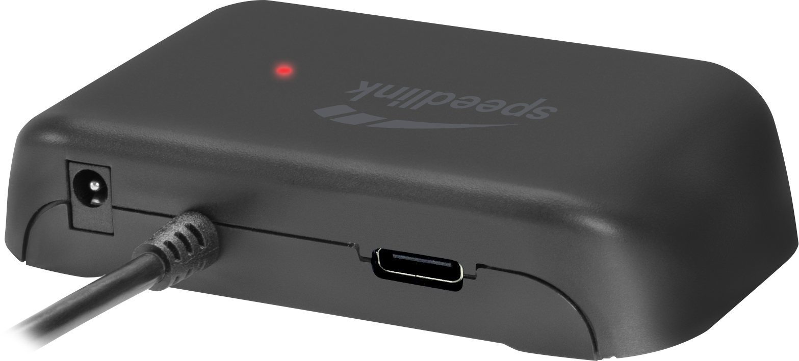 Hub USB Speedlink noir avec lumière rouge et port USB. Isolé sur blanc.