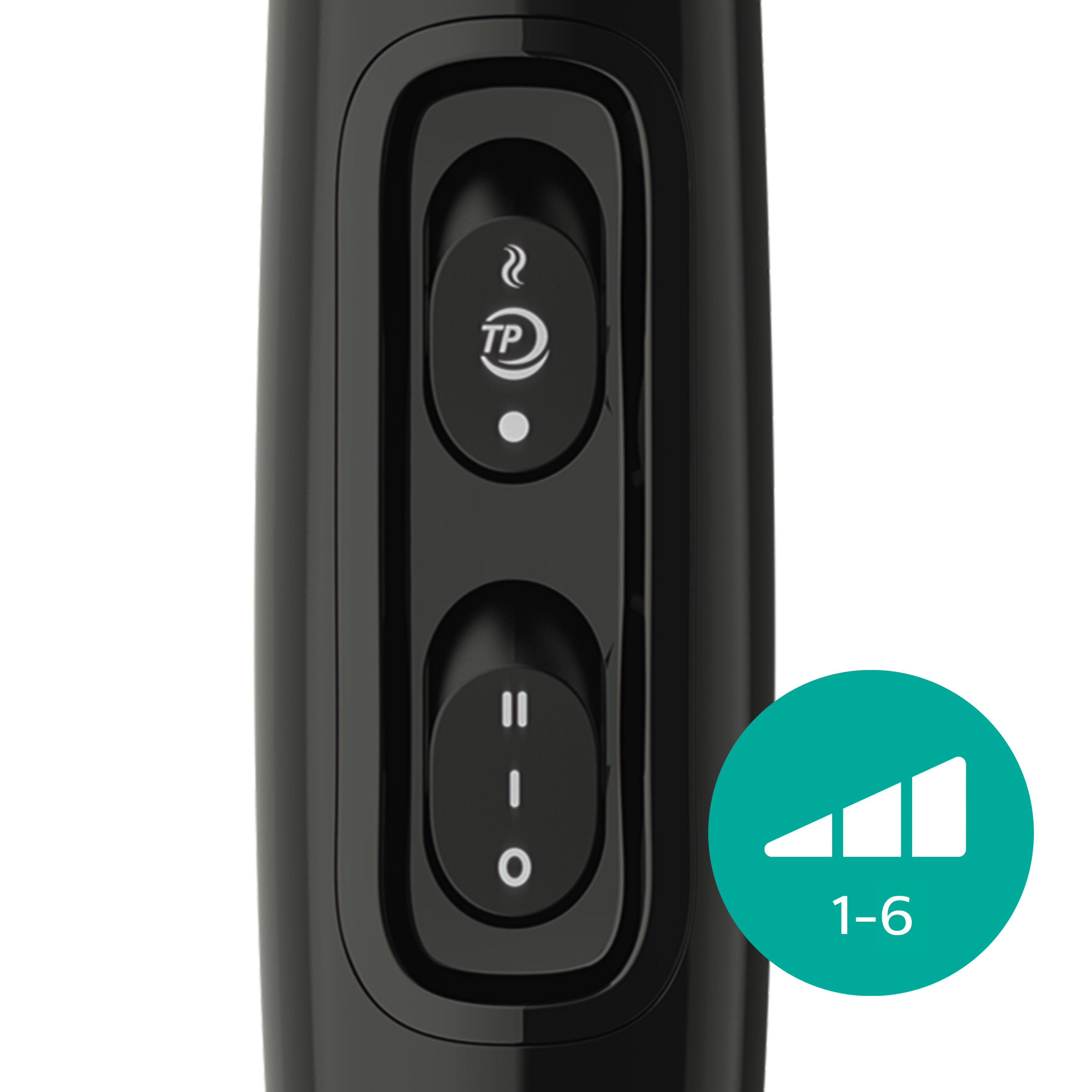 Controles de secador de pelo negro: dos botones, uno para calor y otro para encendido. Indicador de velocidad del ventilador verde.