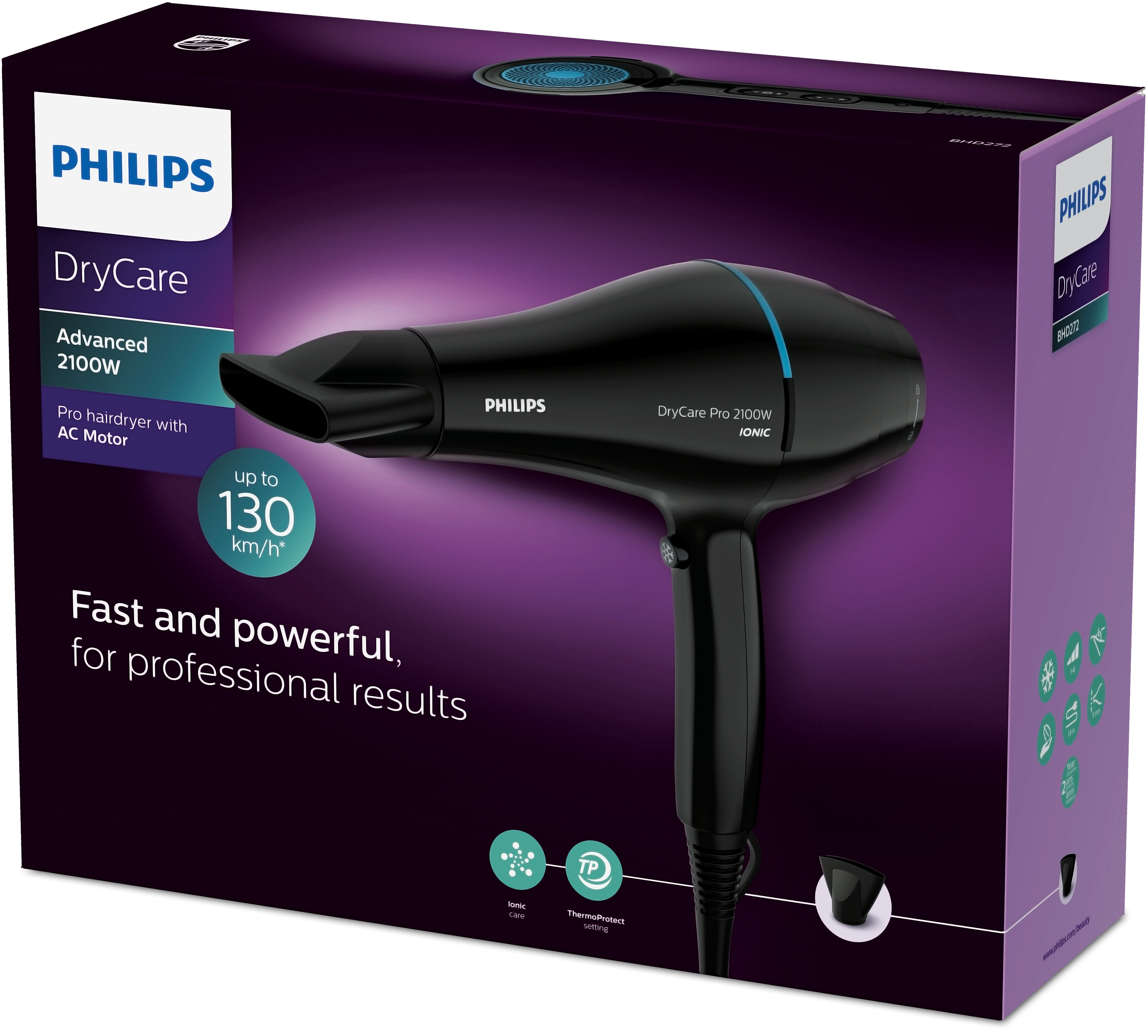 Secador de pelo Philips negro en caja. Texto detalla sus características. Caja morada.