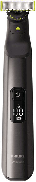 Tondeuse Philips OneBlade noire et grise, affichage de l'alimentation et de la batterie.