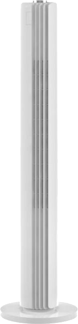 Witte torenventilator met verticale lamellen. Hij is lang en slank, op een witte basis.