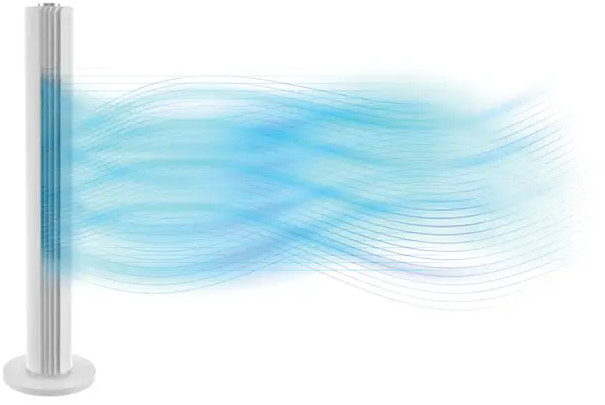 Witte torenventilator die blauwe golvende lucht uitstraalt.