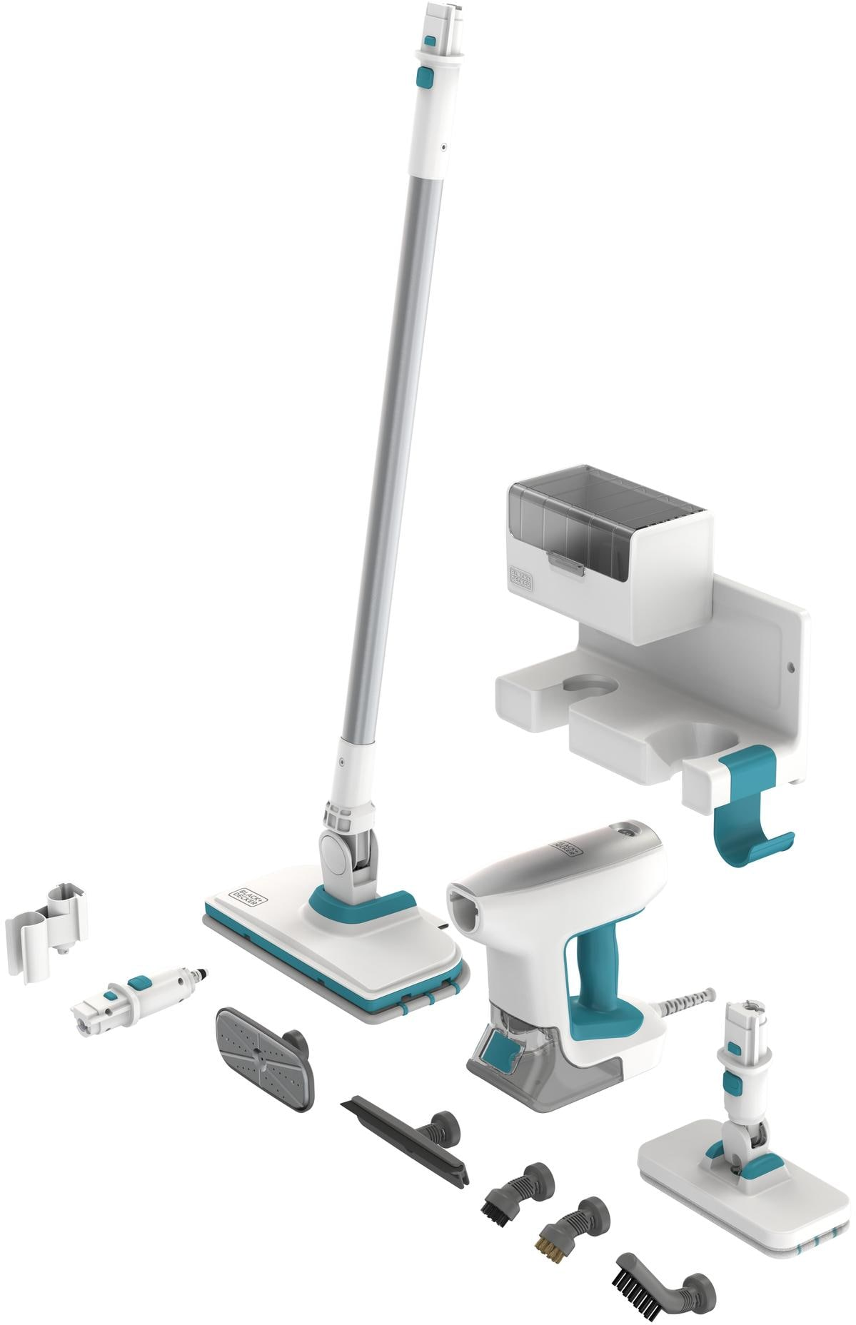 Nettoyeur vapeur avec accessoires, schéma de couleurs blanc et turquoise.
