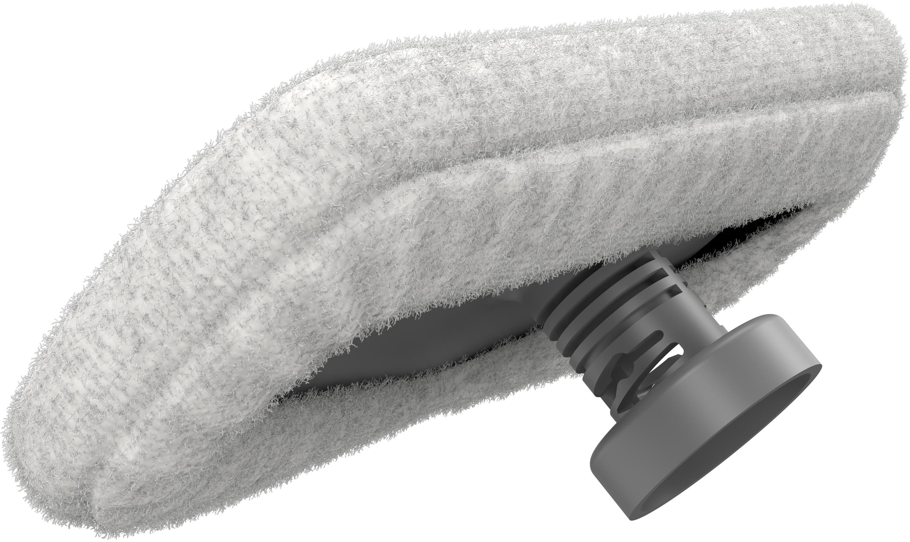 Gros plan sur une tête de balai vapeur blanche et texturée avec un accessoire gris.