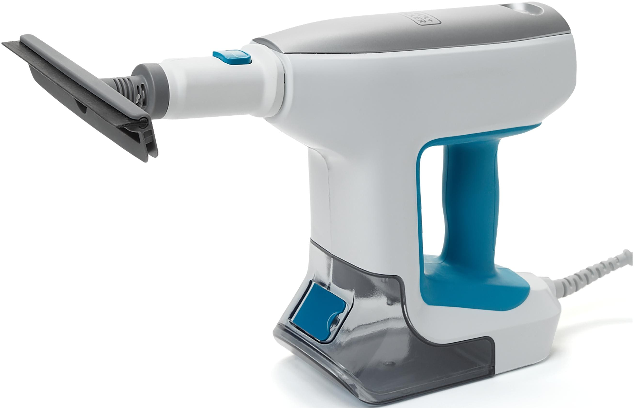 Vapeur de vêtement portable blanc et bleu. Buse vapeur et cordon d'alimentation visibles.