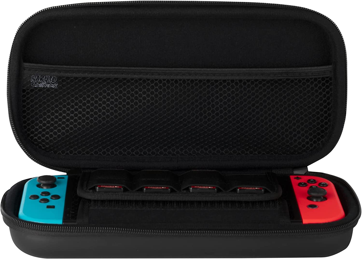 Custodia nera aperta con Joy-Con blu e rosso e quattro cartucce di gioco. Logo Naruto.