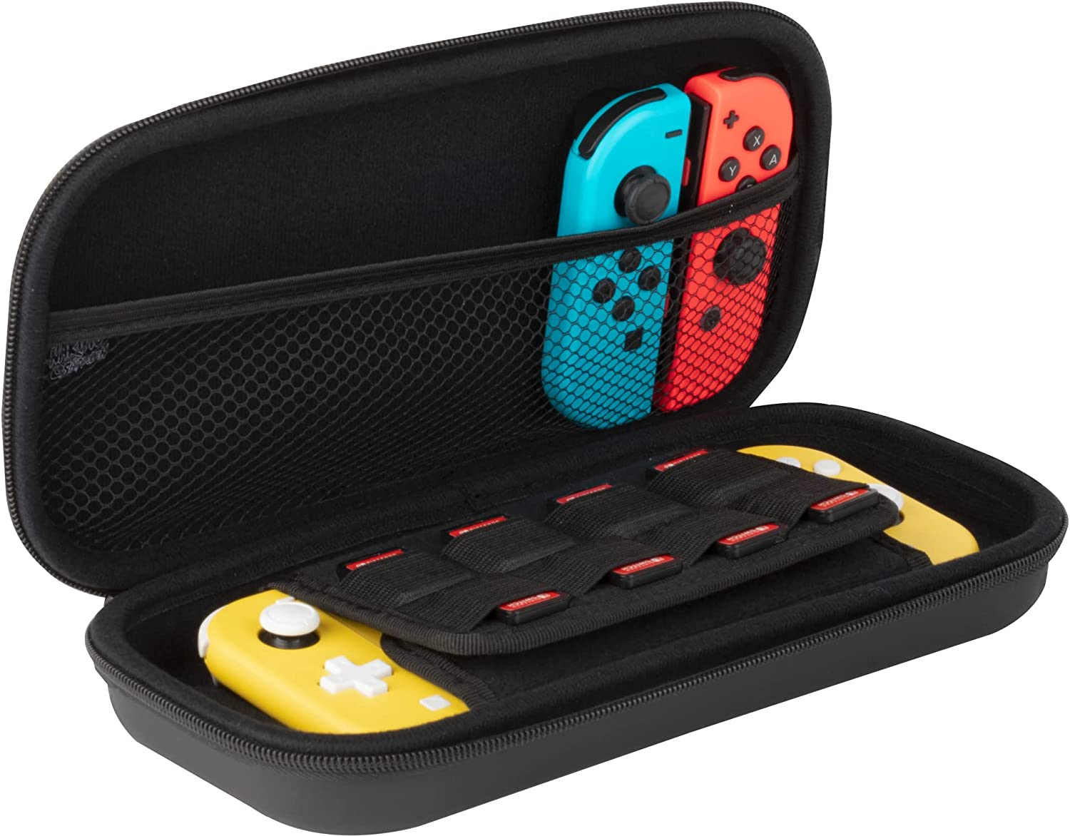 Custodia nera aperta con controller blu e rosso e controller giallo. Tasca a rete e cinghie tengono i controller.