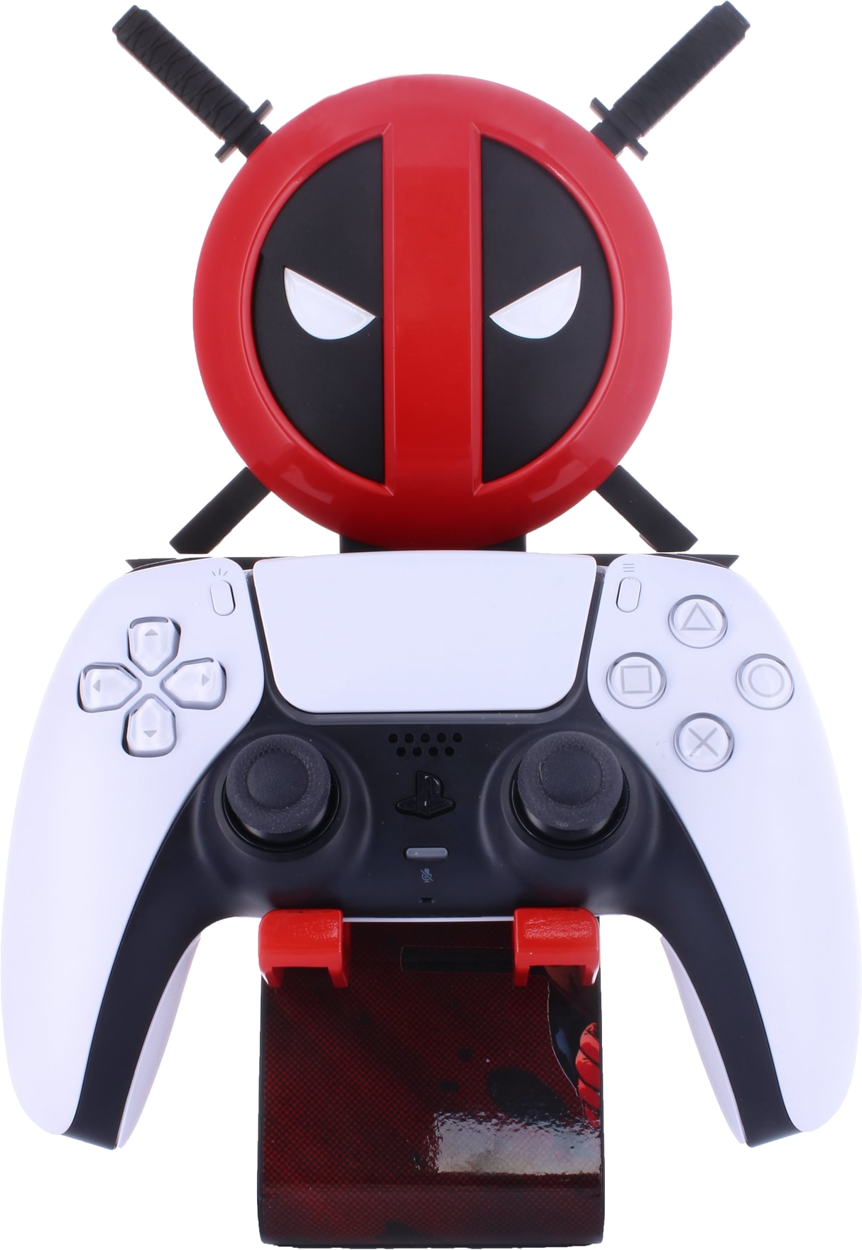 Controller-Ständer im Deadpool-Design für einen PS5-Controller. Oben ist ein Deadpool-Kopf.