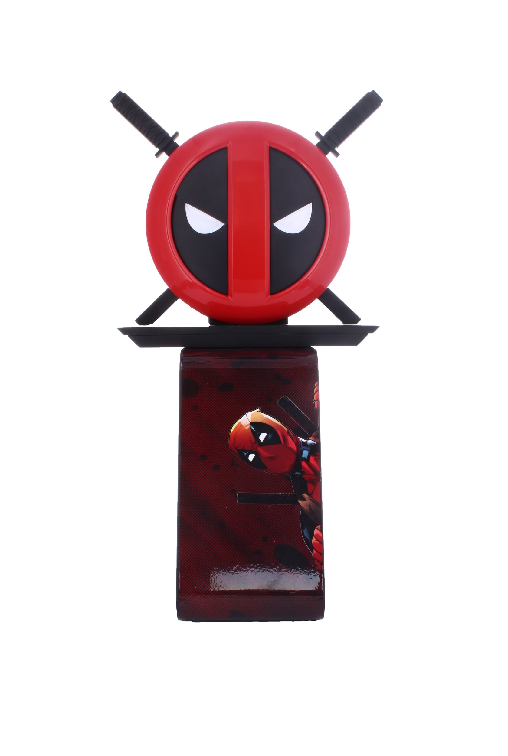 Deadpool-Toaster mit gekreuzten Schwertern und Deadpool-Bild auf der Seite.