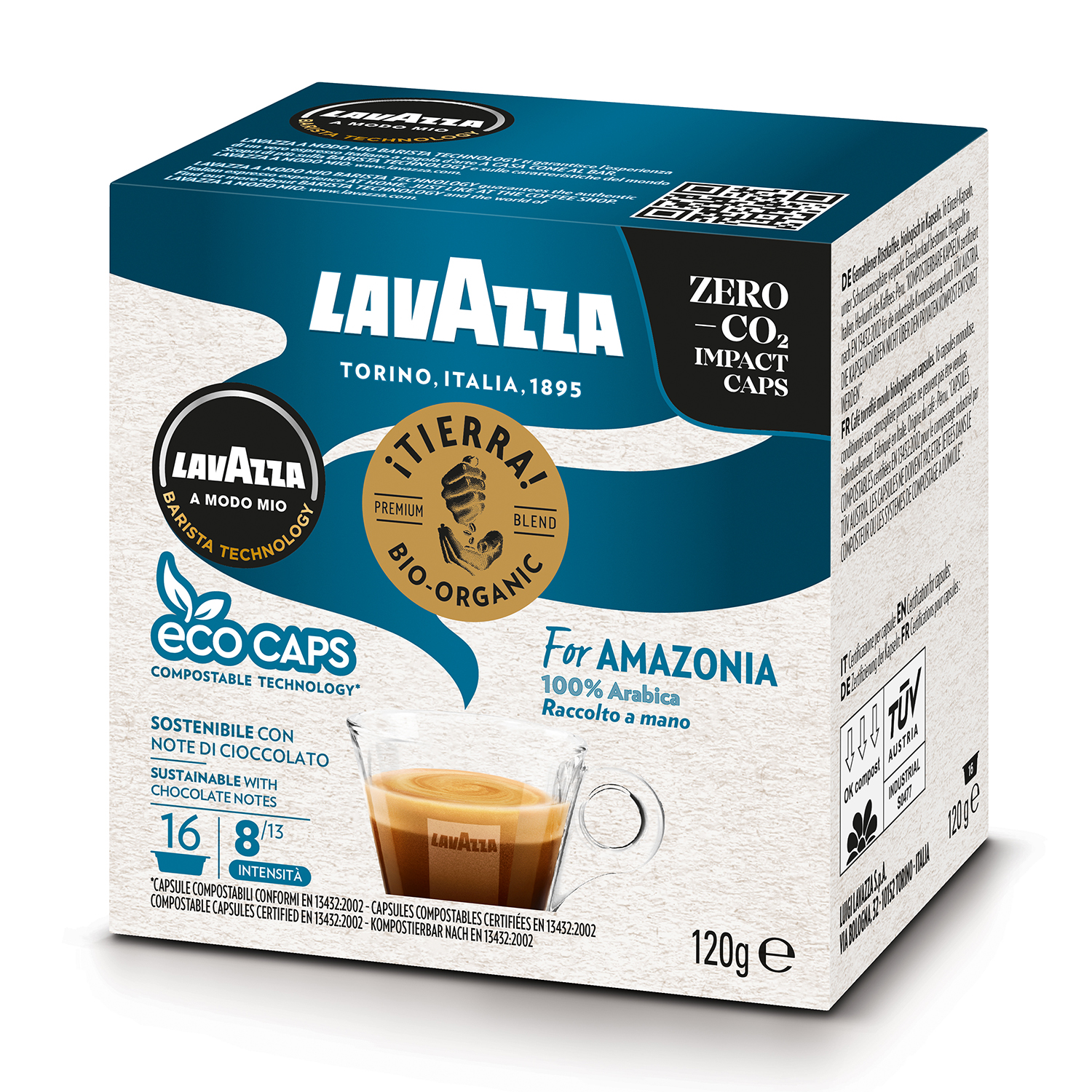 Una scatola di cialde di caffè Lavazza. Contiene testo e un grafico di una tazza di caffè.
