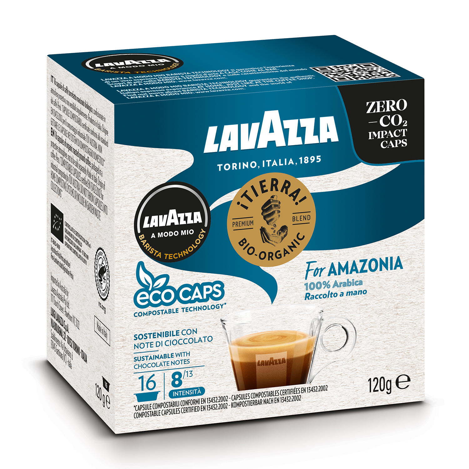 Una scatola di capsule di caffè Lavazza. La scatola è blu e bianca e presenta caffè e testo.
