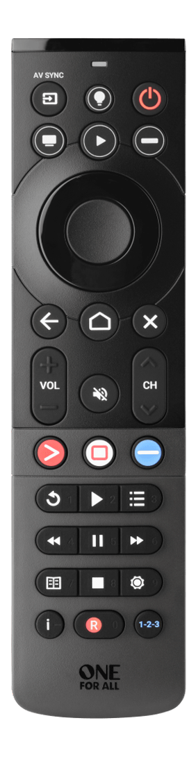 Schwarze Universalfernbedienung. Tasten: Ein/Aus, Lautstärke, Kanal und Wiedergabe/Pause.