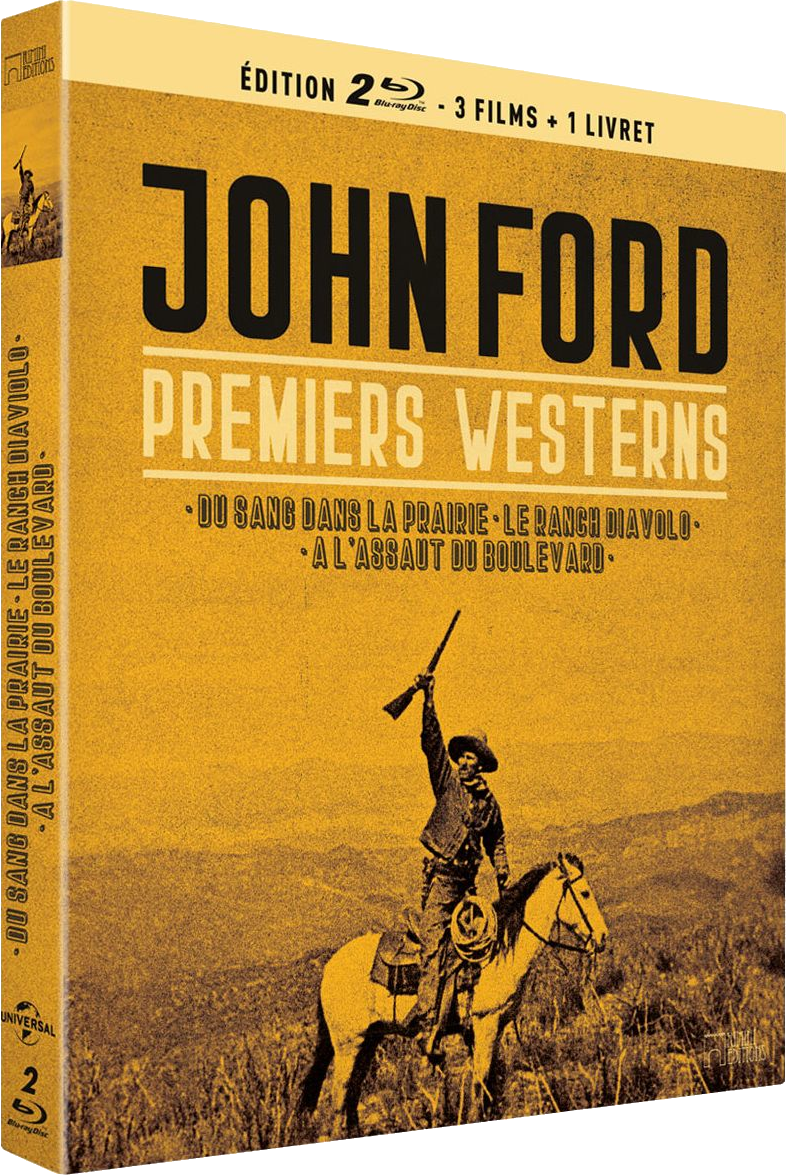 Filmcover: Man te paard met geweer. Titel 'John Ford Premiers Westerns'. Bruin en geel kleurenschema.