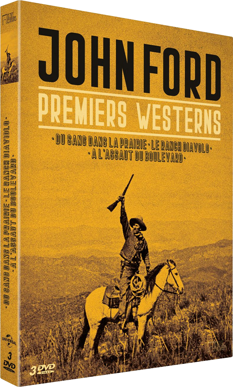 Filmposter van John Ford Premiers Westerns, met een man op een paard met een geweer.