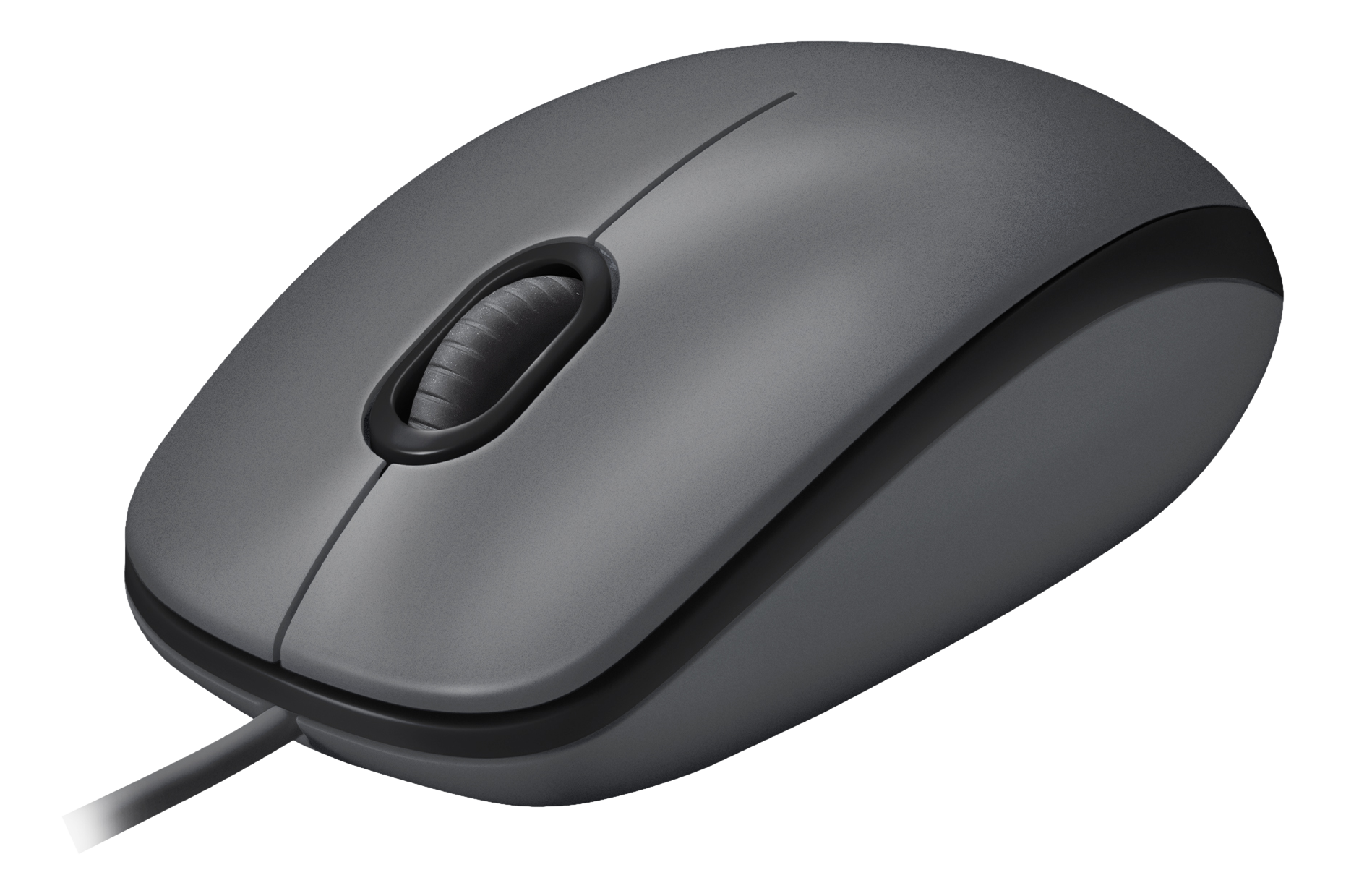Eine graue Computermaus mit Scrollrad und Kabel auf schwarzem Hintergrund.