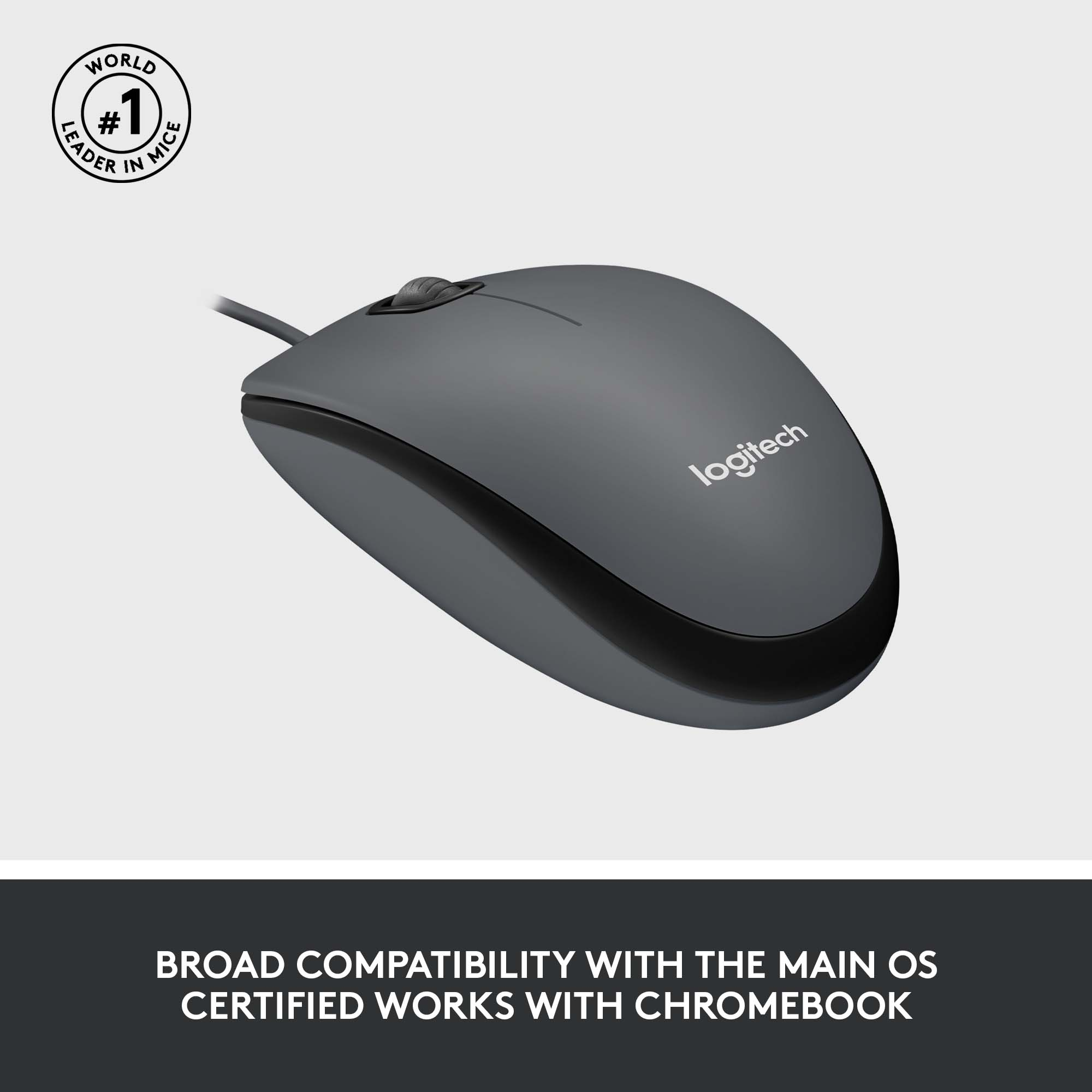Eine graue Logitech-Maus mit Scrollrad und Logitech-Logo auf weißem Hintergrund.