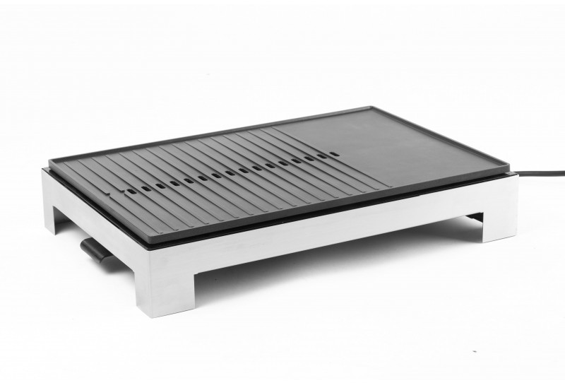 A flat, black grill on a silver stand, on a white background.