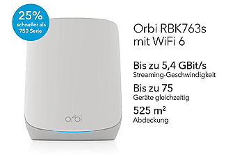 NETGEAR Mesh Router Orbi RBK763S, WiFi 6, 5.4 Gbit/s, Tri-Band, 525m², 3er Set, Weiß