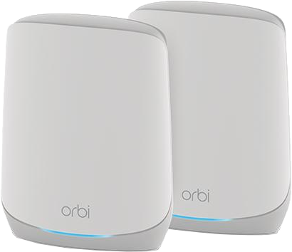 Zwei weiße und graue Orbi-Router. Das Orbi-Logo ist sichtbar. Blaues Licht unten.
