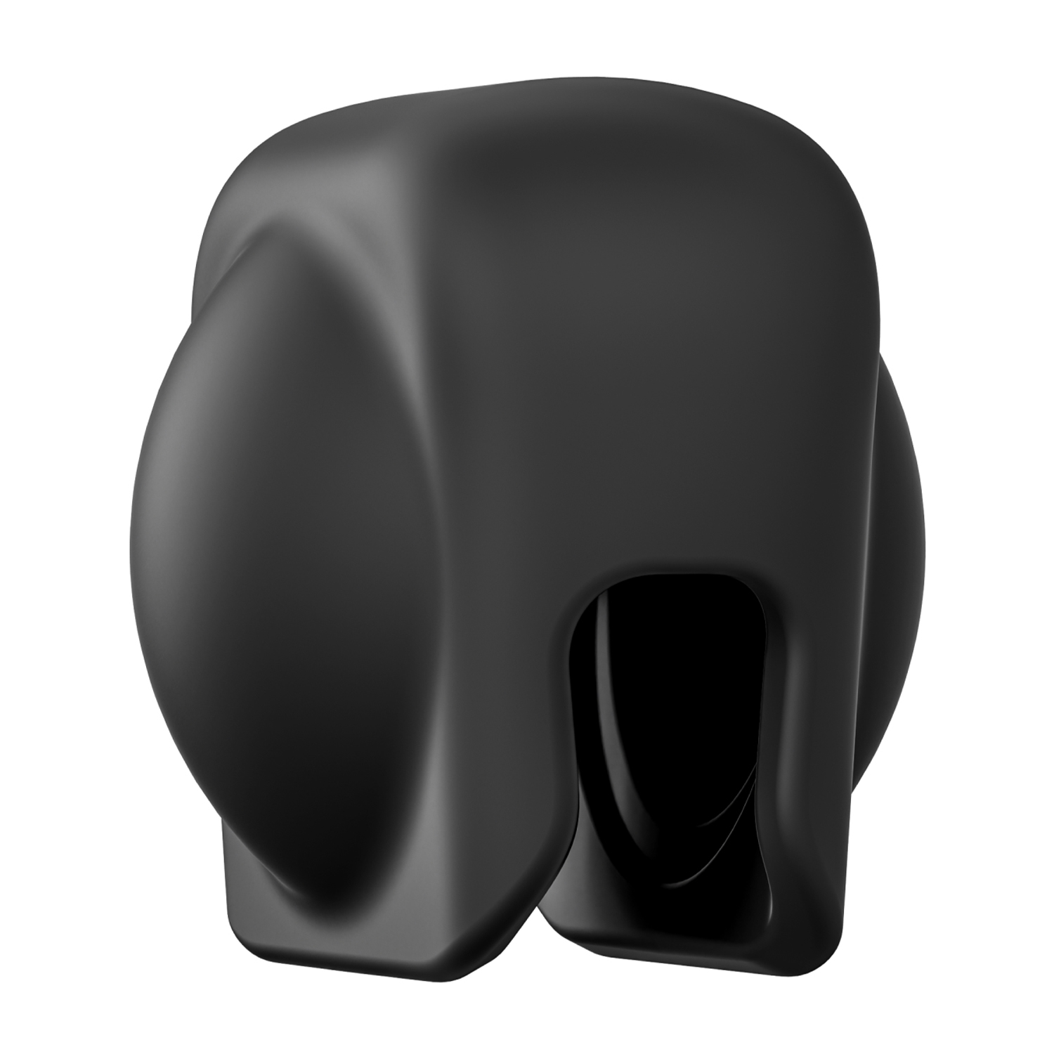 Un oggetto in plastica nera con un design curvo e un'apertura rettangolare.